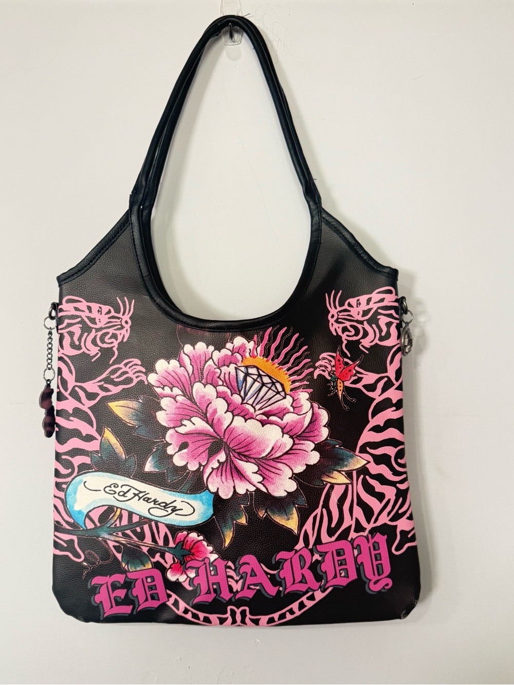 Ed Hardy Black & Pink Floral Tattoo Print Shoulder Bag Tote